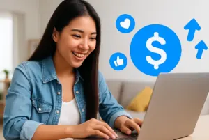 Seorang pria muda Asia Tenggara sedang memegang ponsel sambil tersenyum, fokus pada strategi promosi link referral untuk penghasilan online.