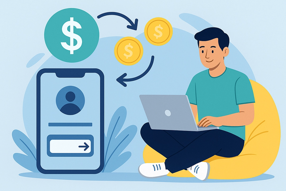 Ilustrasi digital bergaya flat menunjukkan pria Asia Tenggara dengan laptop dan ikon grafik, melambangkan cerita sukses mendapatkan penghasilan online.