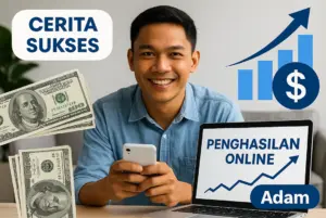 Kolase digital bergaya fotoralistis yang menampilkan simbol kesuksesan dan pertumbuhan finansial, mewakili cerita sukses penghasilan online di Indonesia.