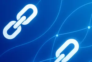 Desain grafis digital abstrak dengan elemen rantai terhubung dan jaringan, menggambarkan strategi marketing online dan promosi link referral yang efektif.