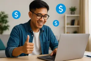 Seorang pria muda Asia Tenggara sedang duduk di meja kerja dengan laptop, bekerja dari rumah untuk menambah penghasilan online.